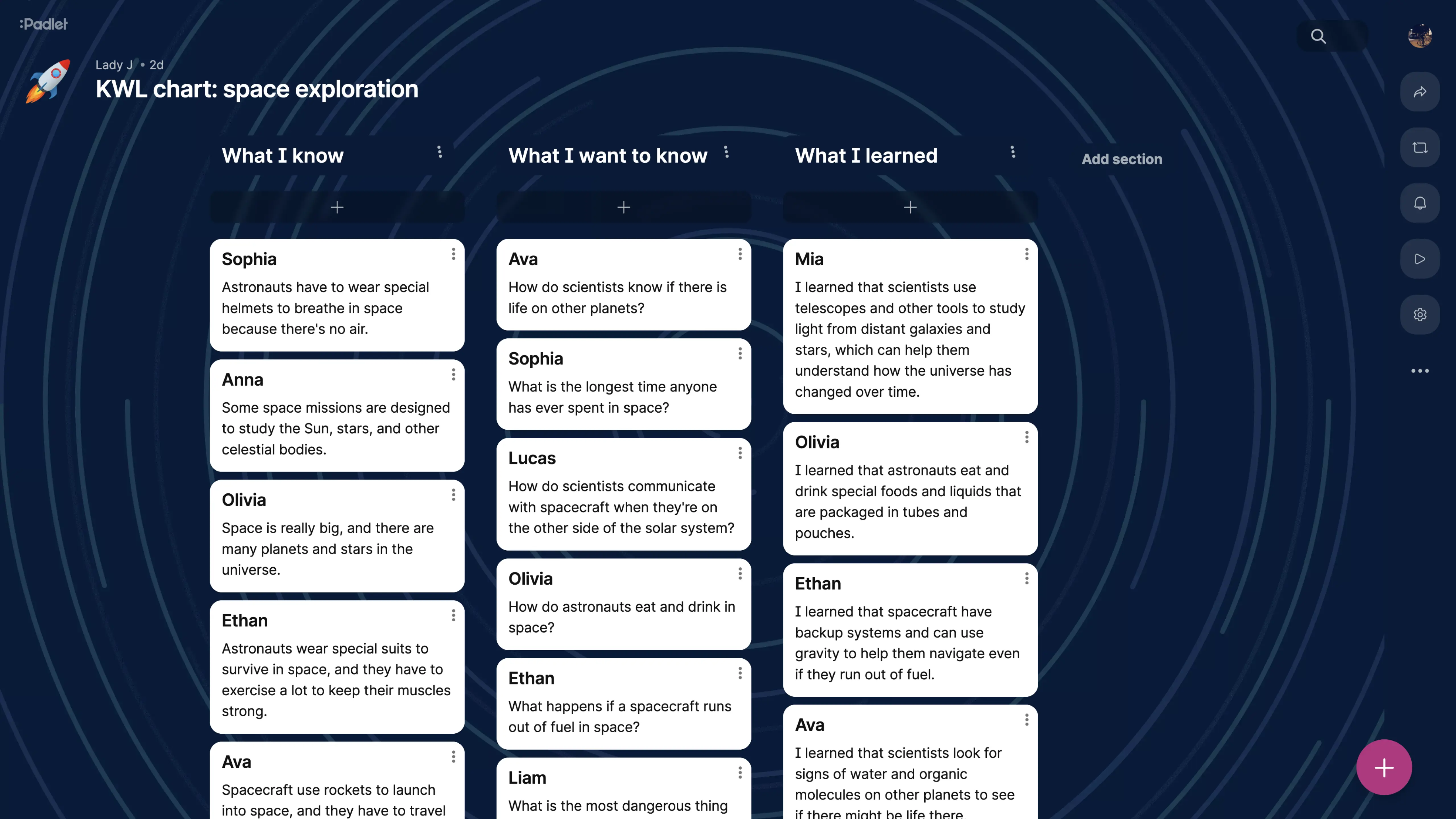 A board with three columns: know, want to know, learned.