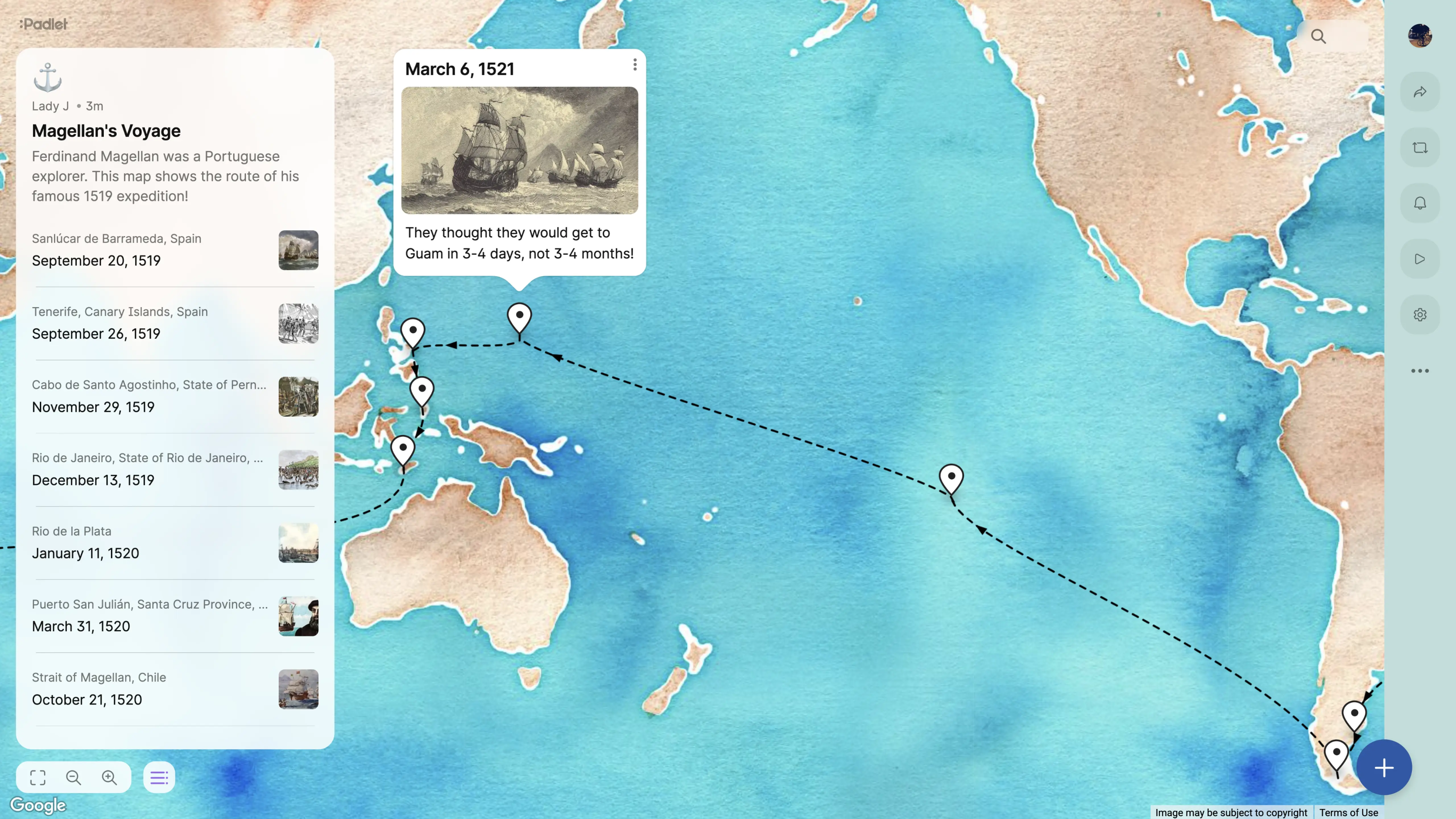 A map-format padlet used for a history class.