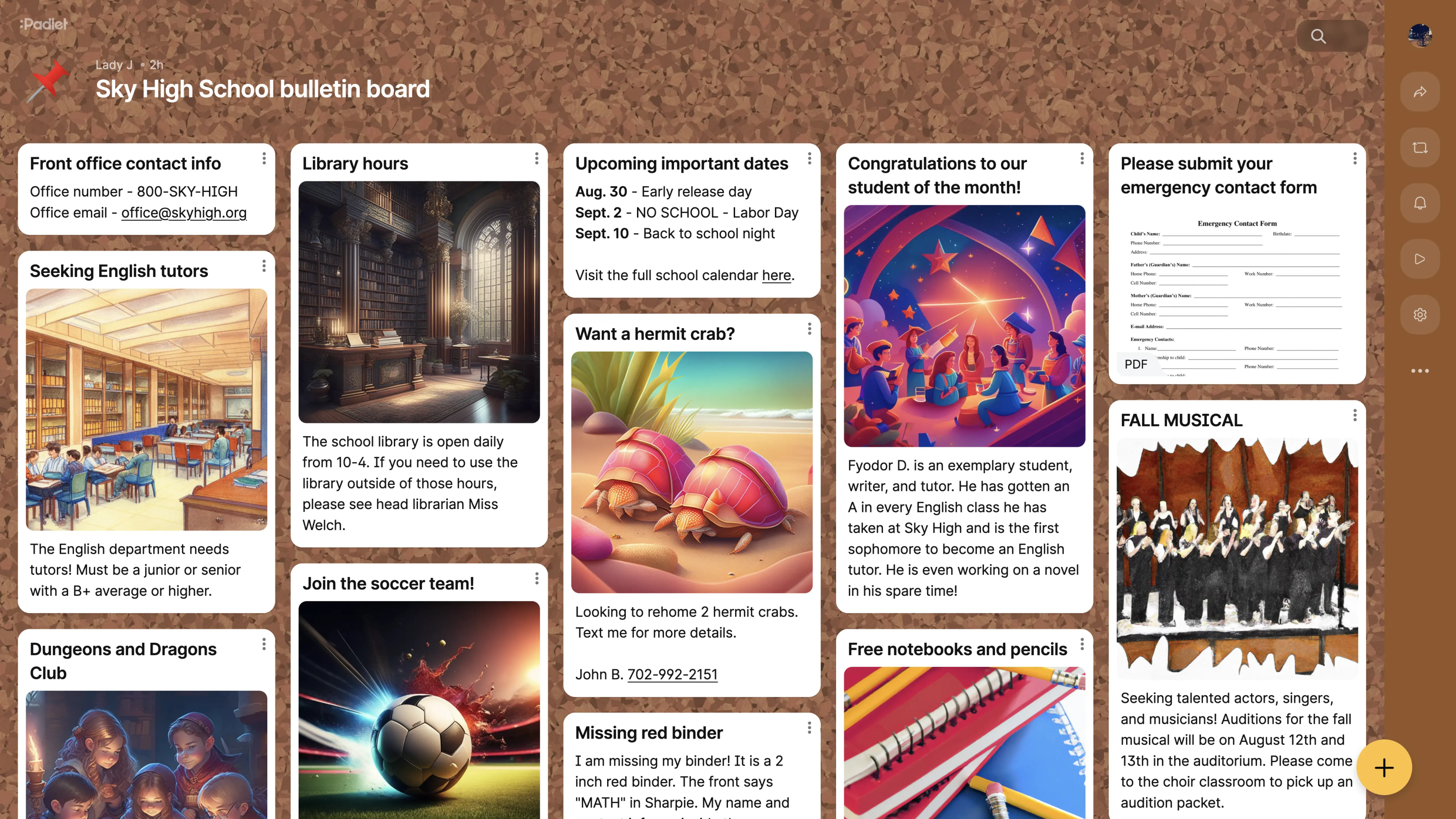 A padlet used as a bulletin board for staff updates.