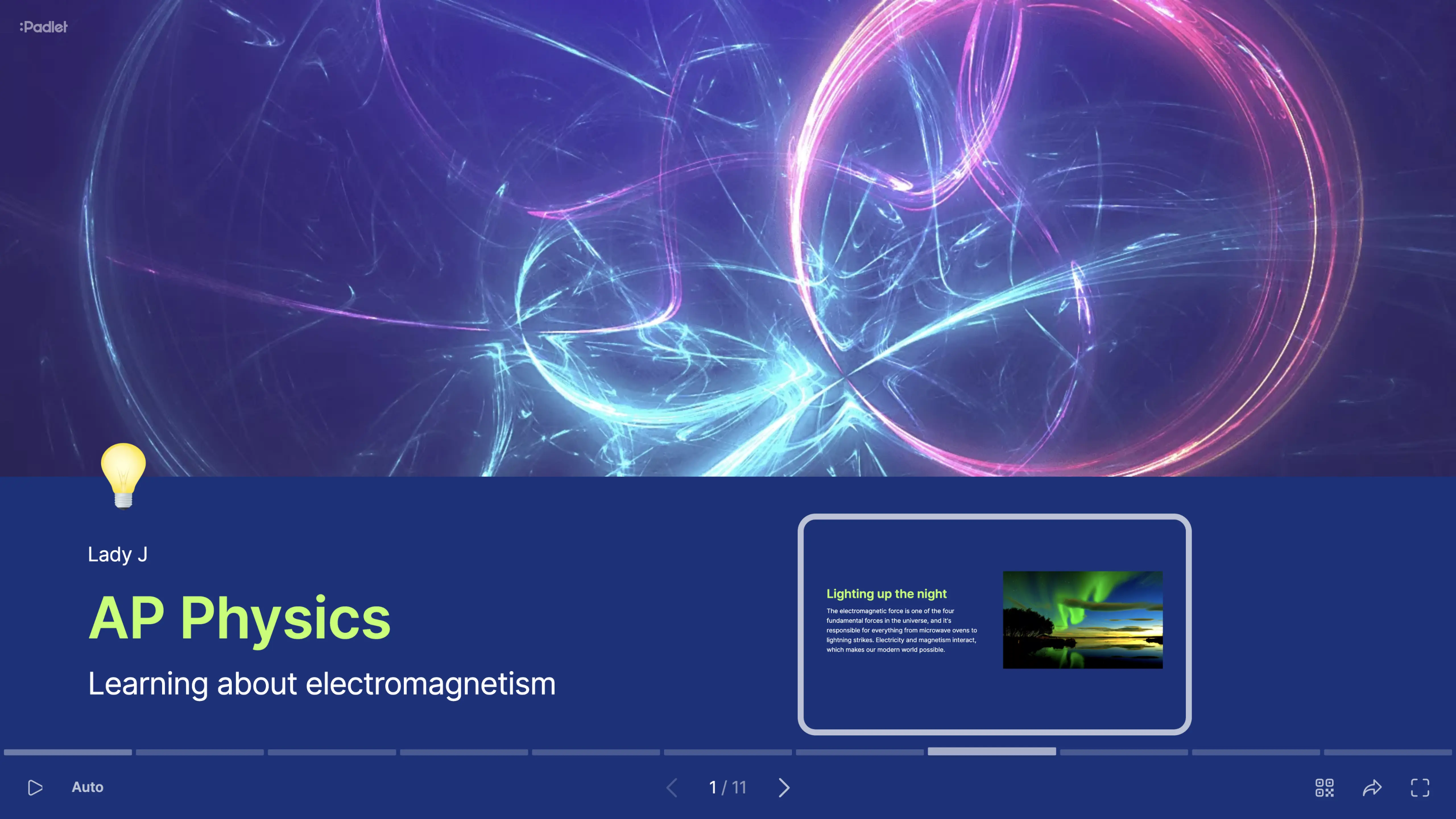 A slideshow on electromagnetism generated from posts on a board.